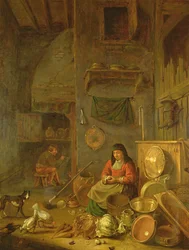 Een keukeninterieur met een vrouw die aardappelen schilt naast een hond, een man rookt voor een vuur verderop